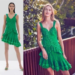 ALEXIS Lakshmi Mini Dress in Emerald Green Lace Crochet Ruffle Size Medium